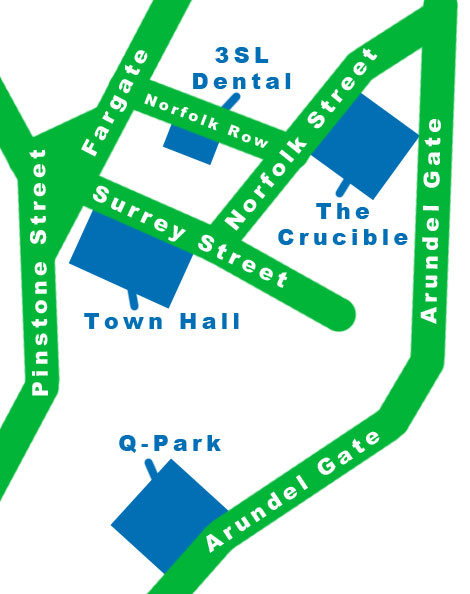 Q-Park to 3SL Dental - either through the Winter Gardens or past the Town hall