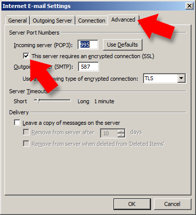 from the 'internet email settings' dialogue box choose the 'advanced' tab from along the top then make sure the 'this server requires an encrypted connection' tick box is ticked 